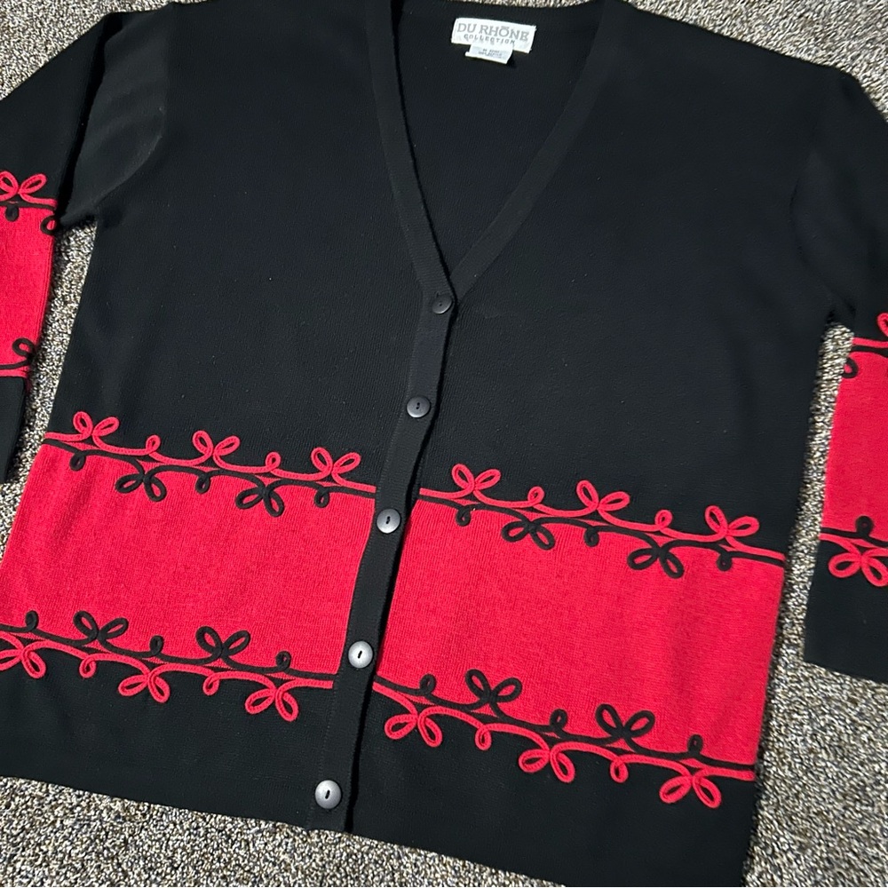 Du Rhone Collection womens large black and red v neck cardigan sweater Christmas
